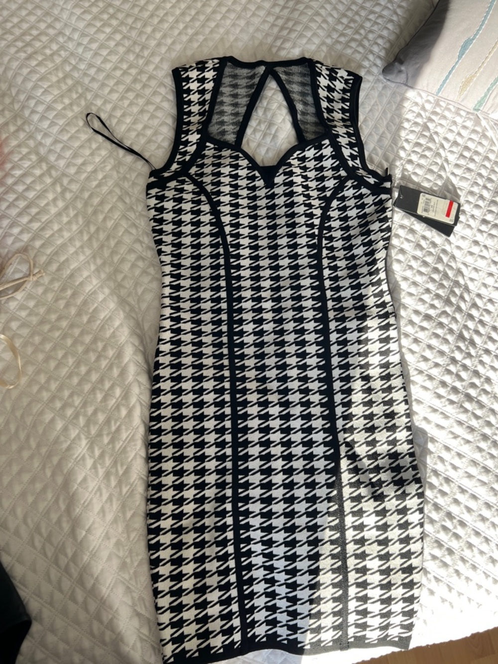 Guess Black & White Houndstooth Bodycon Mini Dress